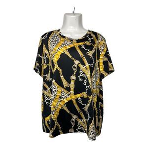 Gemstone Graphic Tee Shirt 1X Black Gold Baroque Chain Animal Print Work Blouse